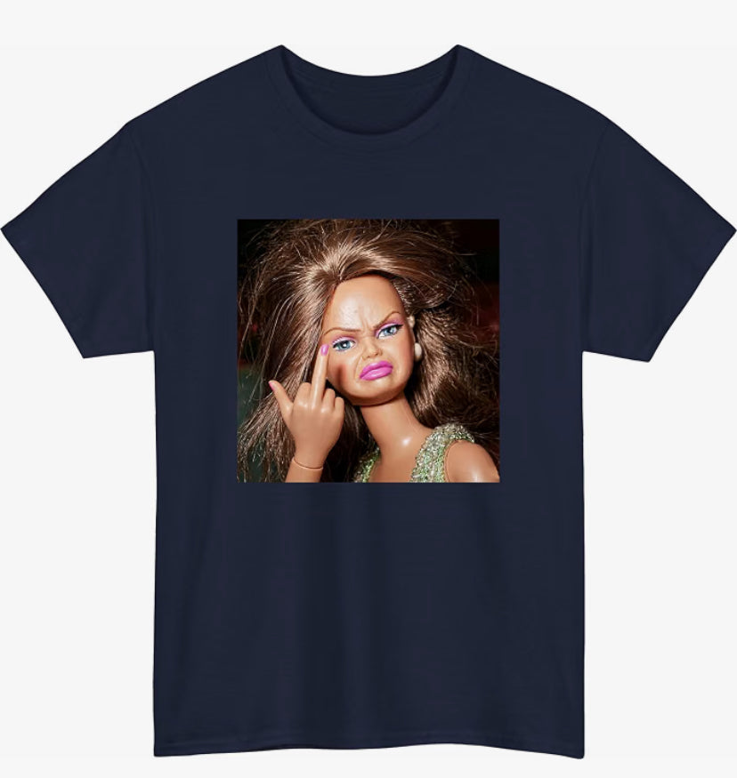 Funny Surreal Doll Meme T-Shirt Angry Disgusted Face Middle Finger Tee