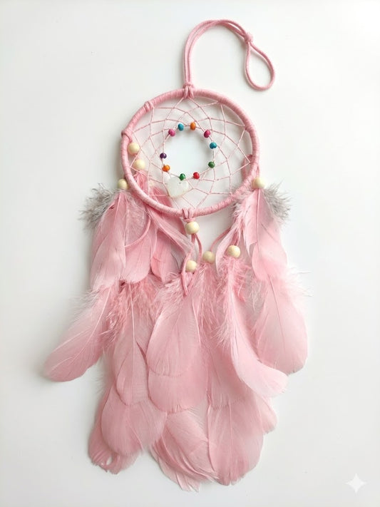 Double Dream Catcher With Heart Charm and Beads Pink