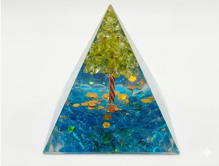 Beautiful Glass Pyramid with Prehnite and Blue Longlian