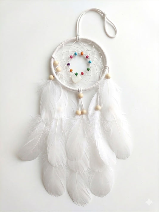 Double Dream Catcher With Heart Charm and Beads White