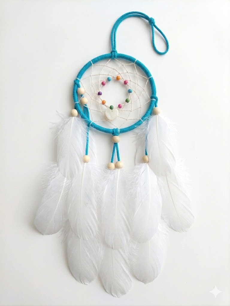Double Dream Catcher With Heart Charm and Beads Blue