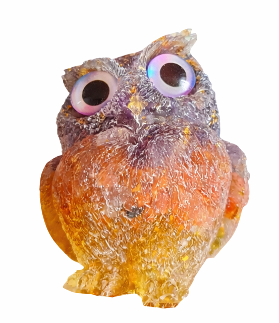 Resin Owl with Real Crystal Red Agate, Amethyst and Citrine Chips
