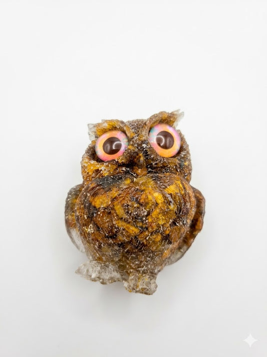 Resin Owl with Real Crystal Yellow Tigars Eye Chips