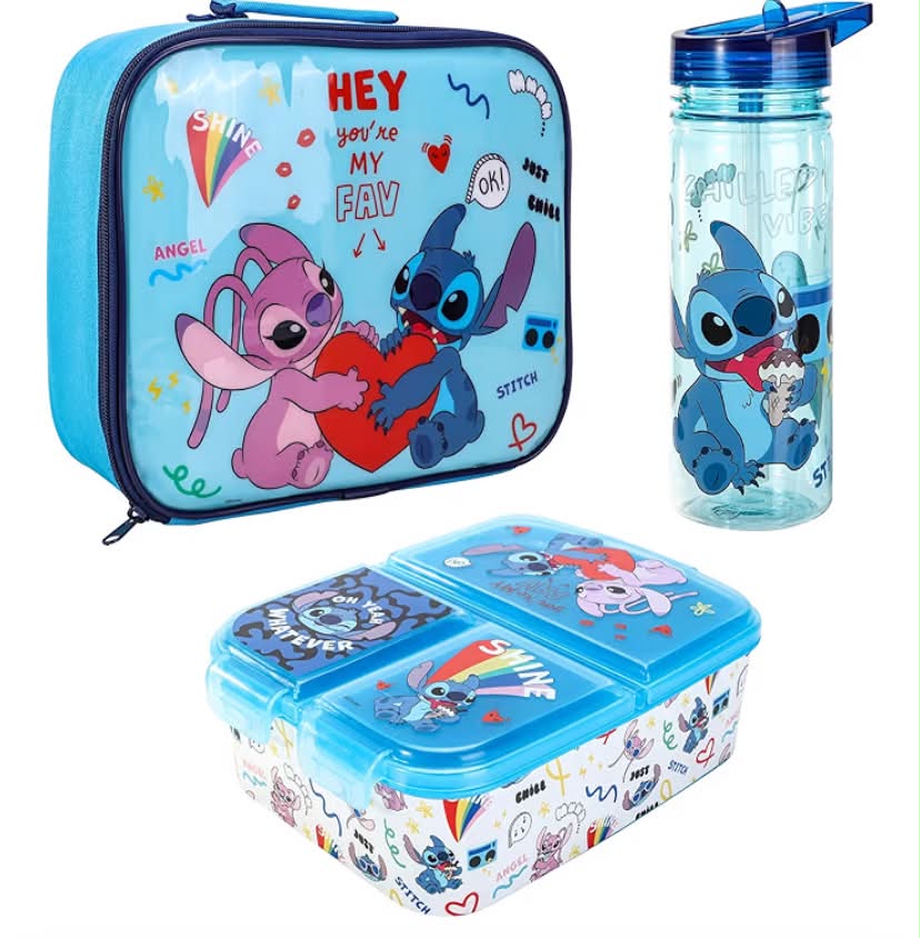 Stitch & bluey  Kids Childrens Lunch Box Set – Insulated Lunch Bag, Multicompartment Lunch Box & 580ml Water Bottle - School Travel Lunch Food Set,