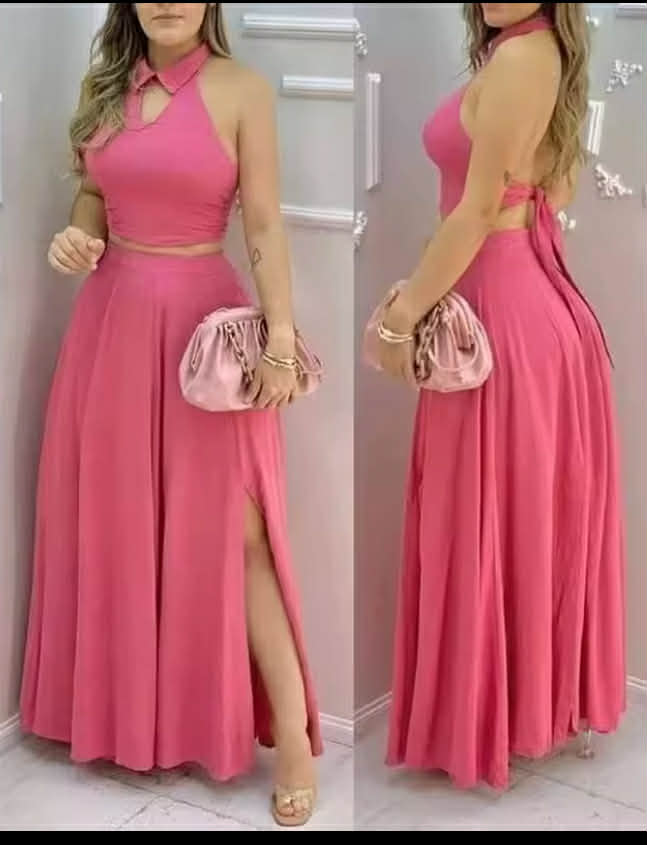 Women's Pink Two Piece Set Halter Collar Crop Top Split Maxi Skirt