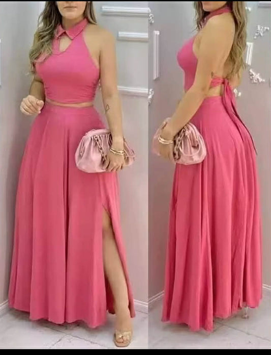Women's Pink Two Piece Set Halter Collar Crop Top Split Maxi Skirt