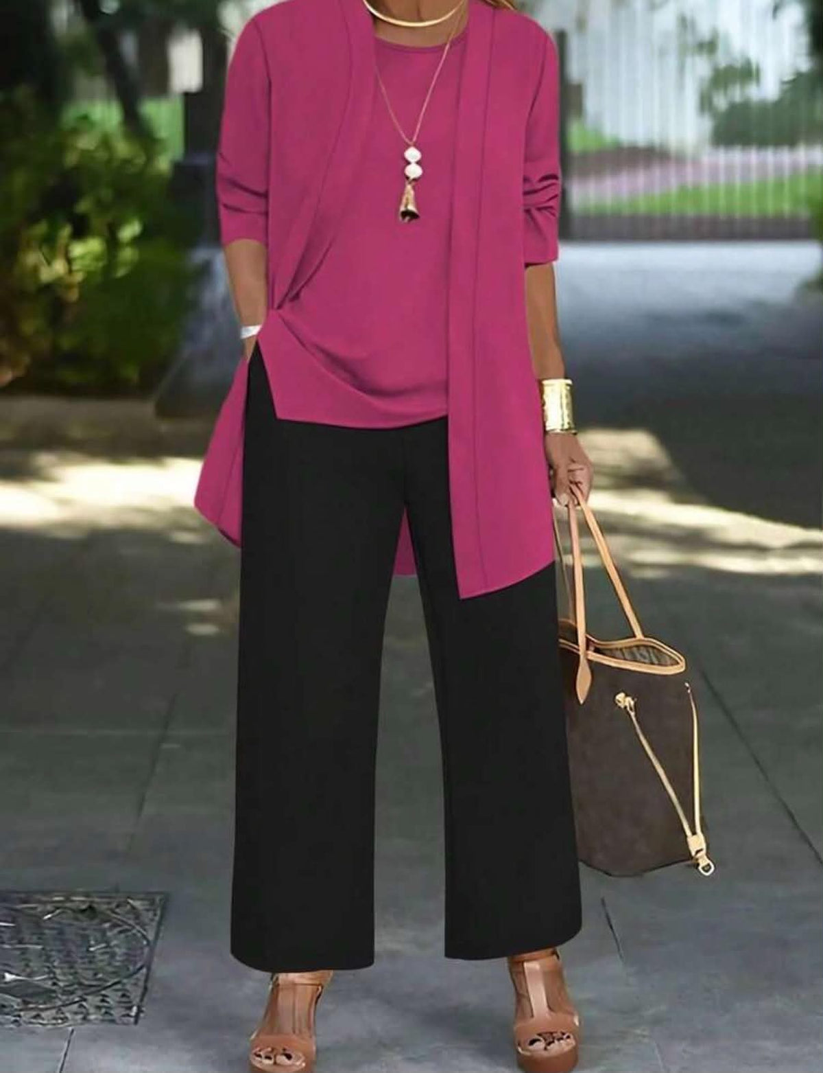 3pcs Women Casual Solid Color Outfit Set: Jacket/Cardigan + Round Neck Sleeveless Top + Elastic Waist Straight Leg Pants Elegant