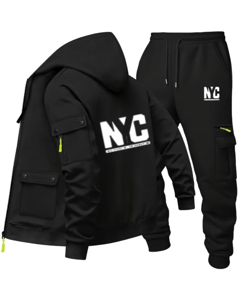 Men'S Hooded Cardigan Sweatshirt And Athletic Casual Print Cargo Long Pants