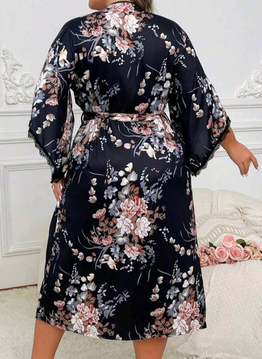 Plus Size Fashionable Floral Print Belted Robe With Lace Trim