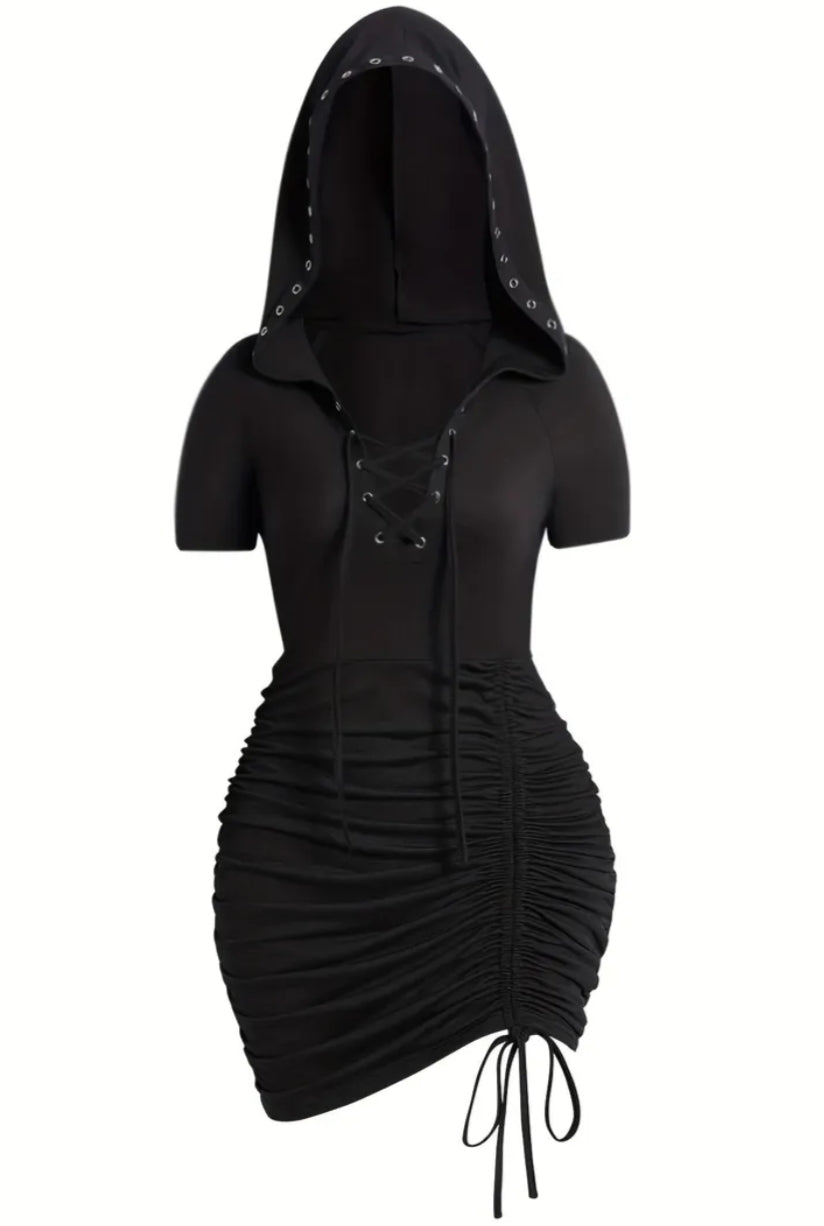 Plus Size, Gothic-style Hooded Sexy Bodycon Dress with Metal Eyelet Lace-up V-neck, Ruffled Hem Drawstring Design,