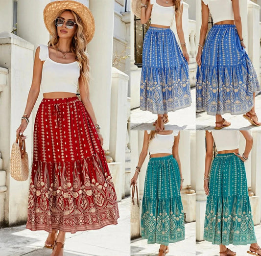 Women's Summer Holiday Swing Dress Elastic Waist Beach Floral Gypsy Long Skirts