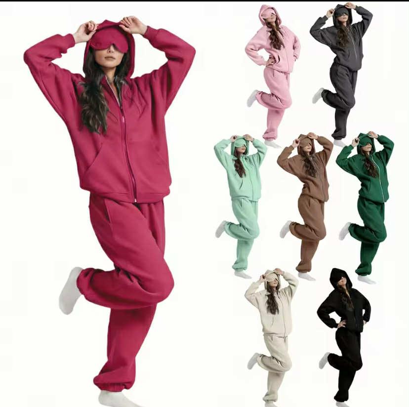 Casual Hooded Open Cardigan Set with Integrated Eye Mask Patchwork Pocket