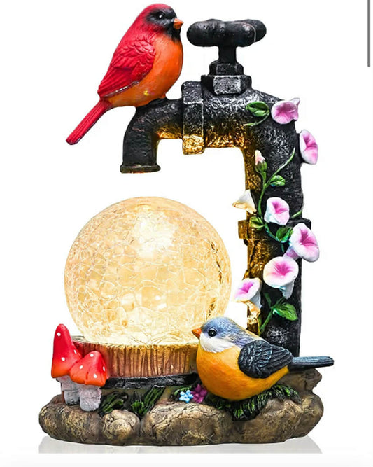 Garden Ornaments Outdoor, Red Robin Bird on Faucet with Crackle Glass Ball, Waterproof Resin Robin Bird Ornaments, Robin Gifts, Birthday Gifts for Mum, Indoor Outdoor 15CM.