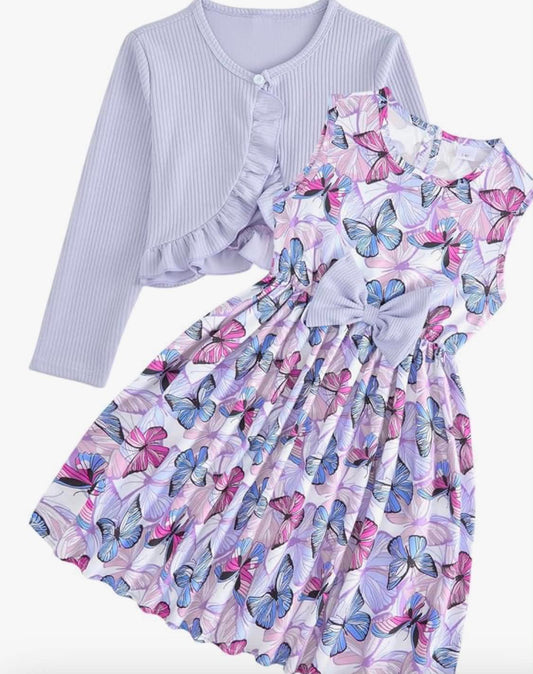 2Pcs Sets Girl Dress and Cardigan   Toddler Butterfly Floral Print A-line Dresses with Long Sleeve Coat Kids Casual Spring Summer Clothes for Girls