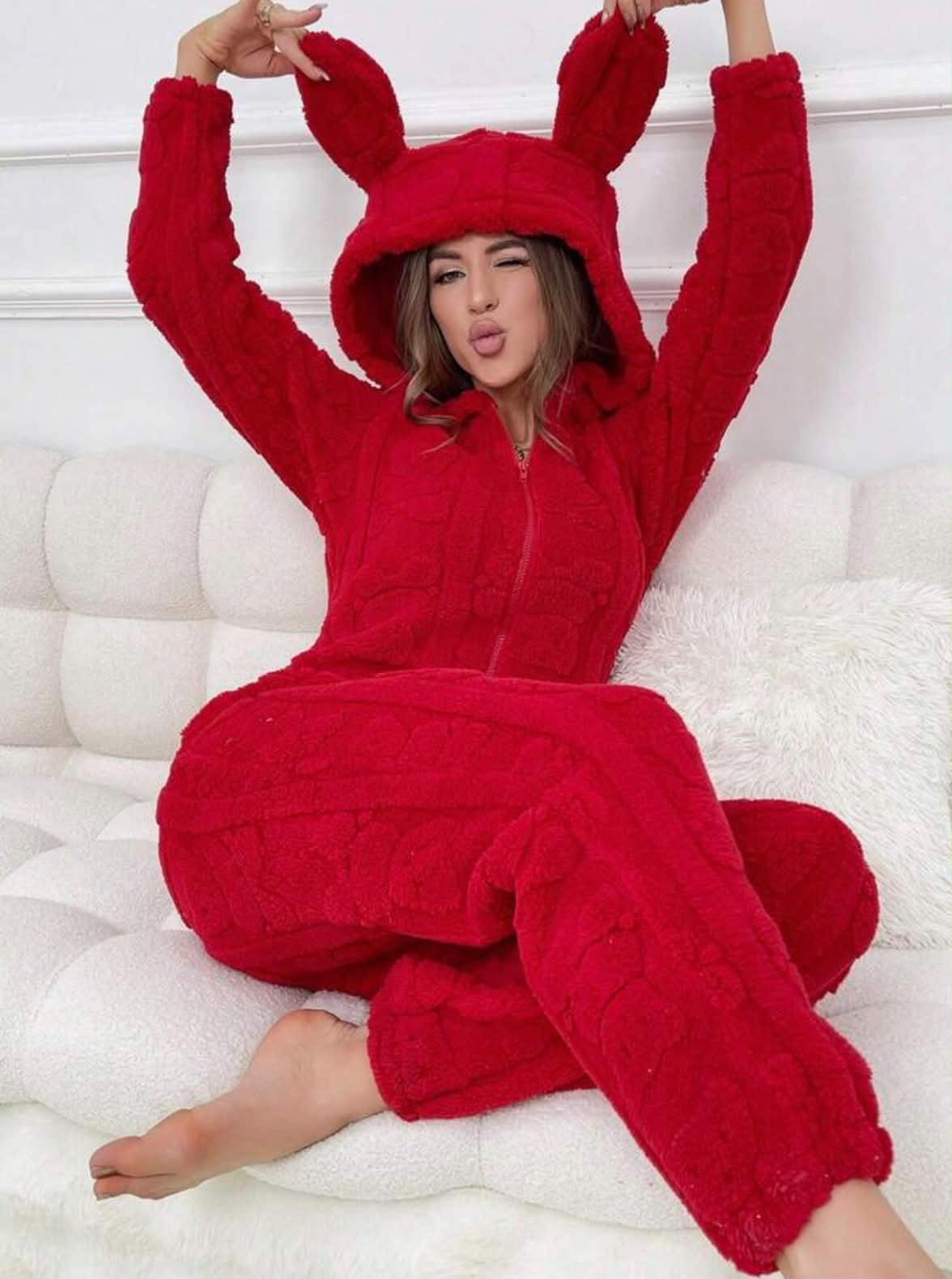 Women's Warm Fleece Zip-Up Jumpsuit Fluffy Cozy Pajamas For Winter
