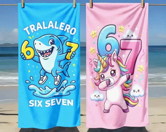 Cartoon Shark Unicorn Number 67 'S Theme Beach Towel  Quick-Dry, Ultra-Soft Fiber  Multi-Purpose for Yoga, Travel, Swimming, And Camping Best Choice for Beach Vacation  Machine Washable