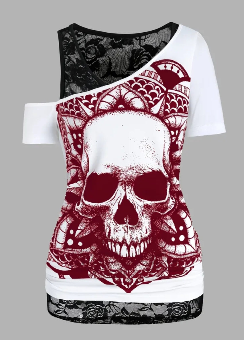 Plus-Size Casual Gothic Style Short-Sleeve T-Shirt with Skull Mandala Digital Print, Paired with a Lace Round-Neck Vest Set