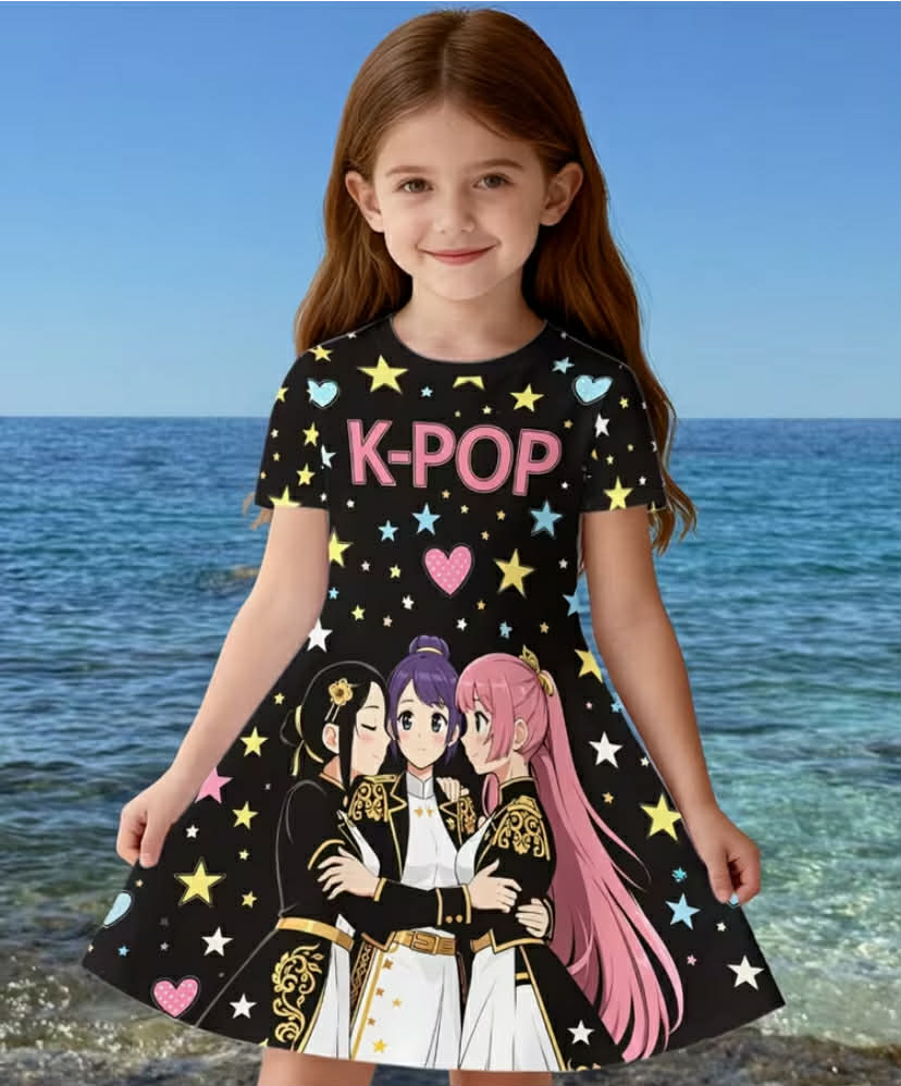 Girl's Short Sleeve Dress - 3D Star Print, Lightweight Summer Casual Children's Wear, Perfect for Princess Party Outfits,
