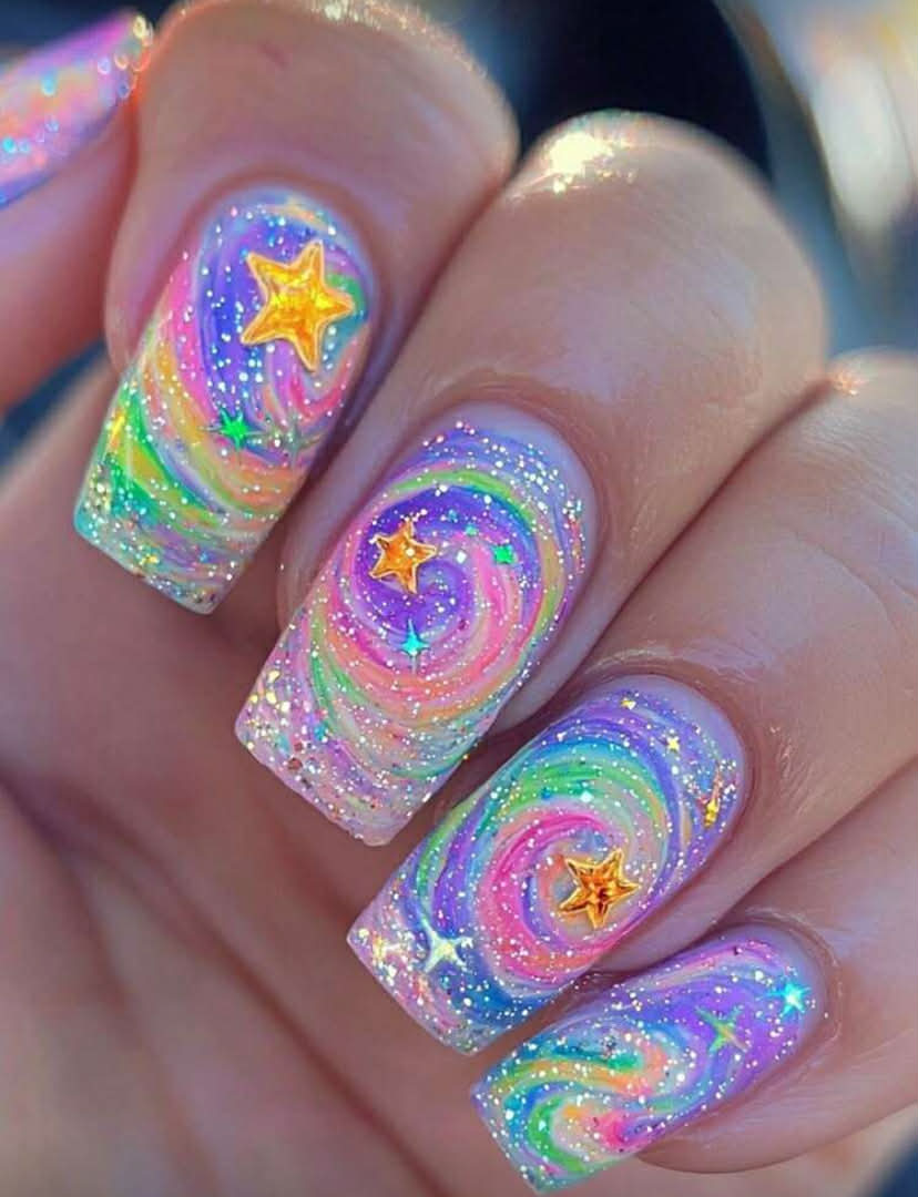 24 Pcs 3D Sculpture Long C-Curve Nail Tips Super Glossy Press On Acrylic Nails Multicolor Fashion