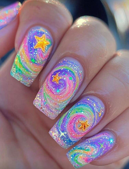 24 Pcs 3D Sculpture Long C-Curve Nail Tips Super Glossy Press On Acrylic Nails Multicolor Fashion