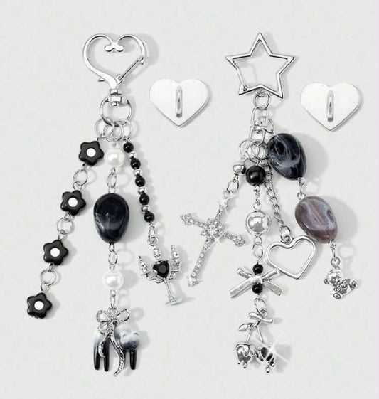 2 New  Personalized Sweet And Cool Babes Retro Dark Style Goth Silver Chain Black Asymmetrical Natural Stone Bear Love Bow Flower Shining