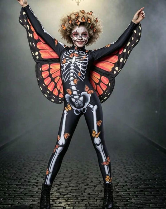 2pcs/Set Girls Big Tween Girl Casual Cool Butterfly Skull Emperor Butterfly Print Long Sleeve Jumpsuit Costume With Butterfly Wings, Dress Up Outfit For Halloween, Day Of The Dead
