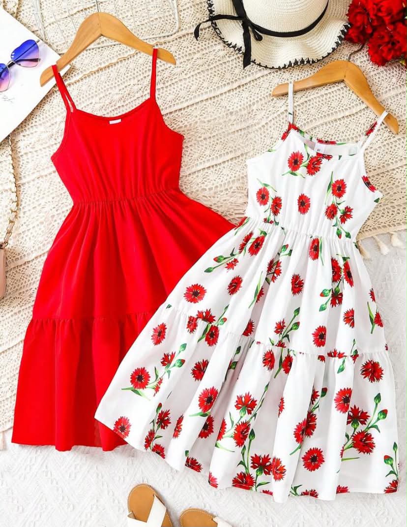 Spring/Summer Girls Casual Cute & Elegant Solid Color & Floral Print Suspender Puff Dress 2-Piece Set