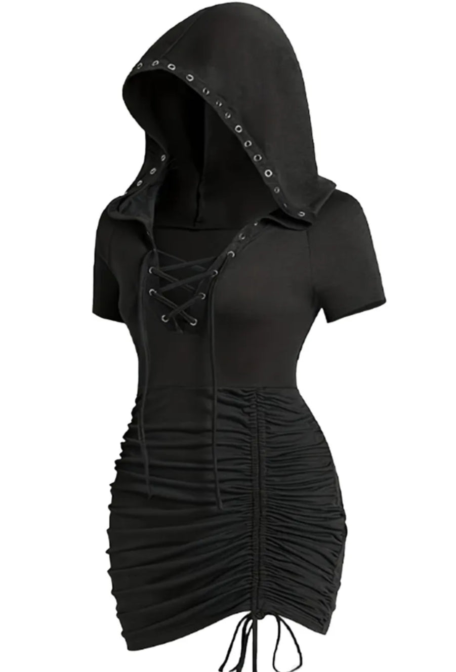 Plus Size, Gothic-style Hooded Sexy Bodycon Dress with Metal Eyelet Lace-up V-neck, Ruffled Hem Drawstring Design,