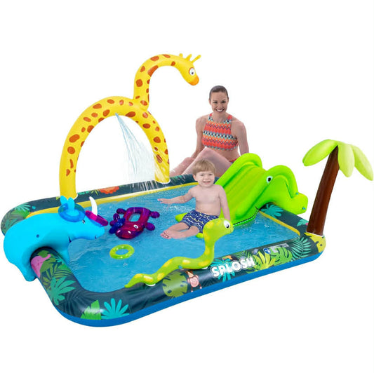 Splosh Jungle Animal Activity Paddling Pool - Fun Spray & Splash Pool With Slide For Kids Age 2-5 - BONUS Inflatable Ring Toss Game - Toddler Swimming Pool - Size 2.6m x 1.9m / 20cm Pool Depth