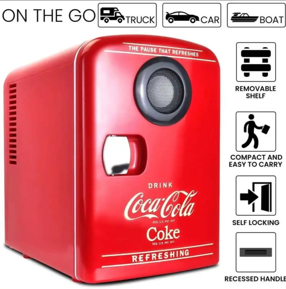 Coca Cola 4L Mini Fridge For Bedrooms 6 Can 12V Portable Cooler Warmer with Bluetooth Speaker