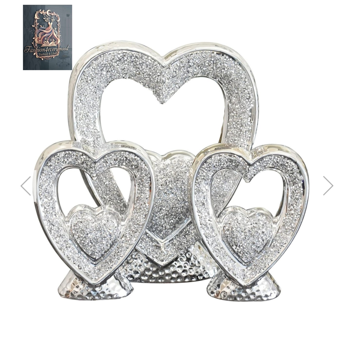 Set Of 3 Silver Hearts Sparkle Ornament Crushed Diamond