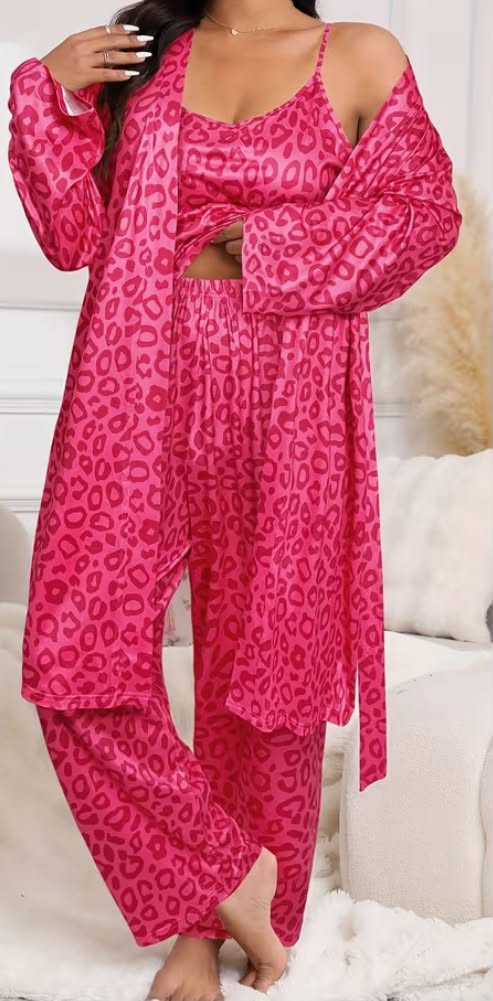 Plus Size Sexy Leopard Print Round Neck Camisole Long Pants + Tie-Waist Robe Three-Piece Pajama Set