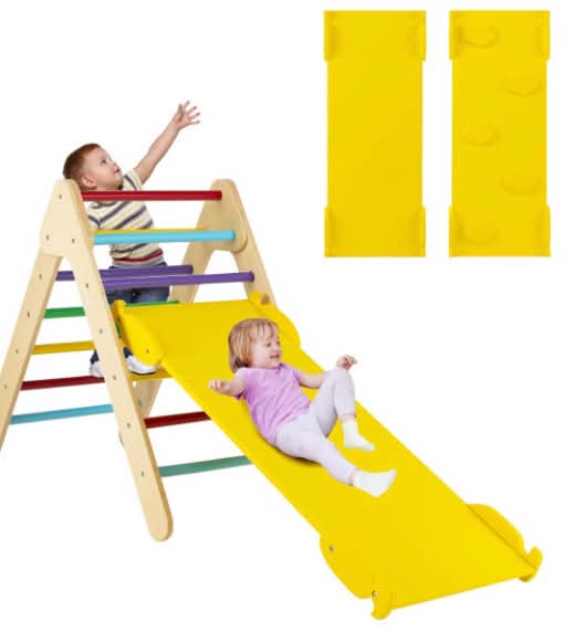 Toddler Climbing Frame, Kids Wooden Montessori Triangle Climber with Double Sided Ramp, Indoor Play Gym for Boys Girls (Multicolor)