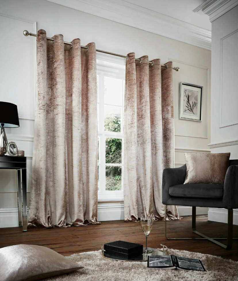 Crushed Velvet Curtains PAIR of Eyelet Ring Top Fully Lined Ready Made Thick