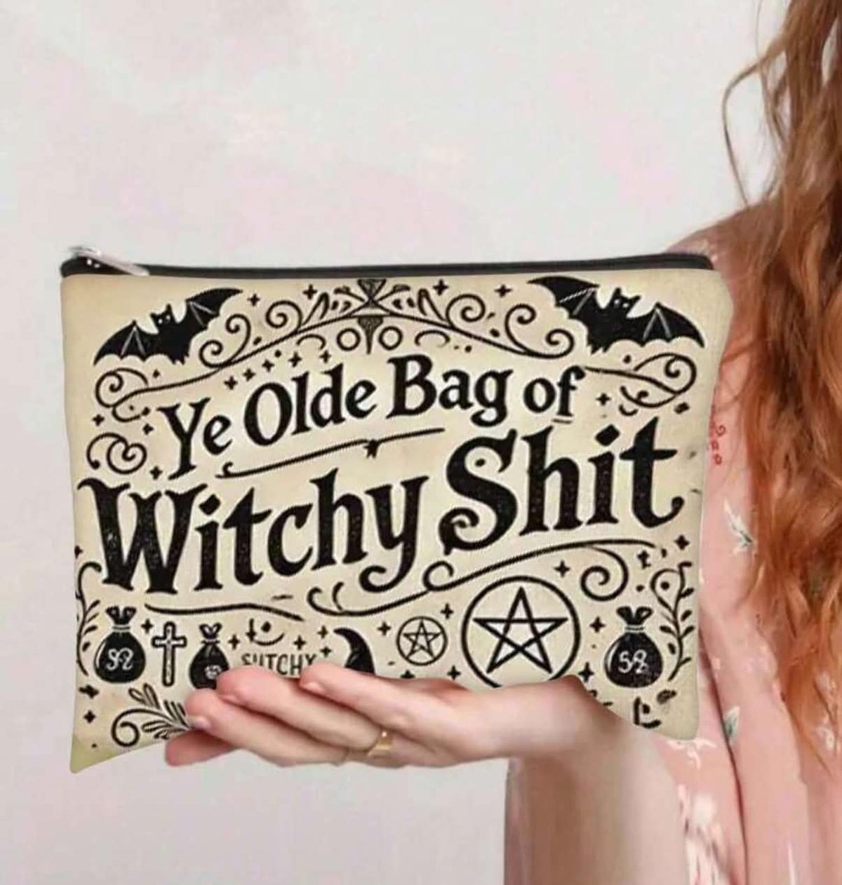 Mysterious Witch Style Makeup Bag, Lightweight Zippered Cosmetic Storage Pouch, Double-Sided Witch Theme Print, Atmospheric