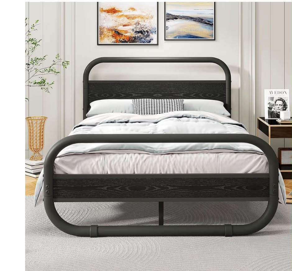 King Size Bed Frame with Headboard,Oval-Shaped Platform Bed with Under-Bed Storage,Steel Slats Mattress Foundation Round Pipe Design,Brown or black