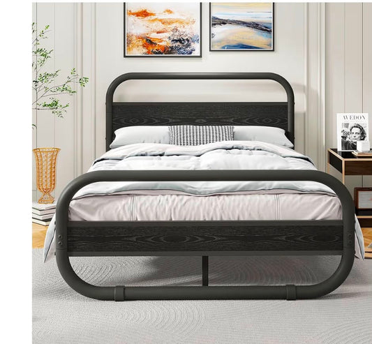 King Size Bed Frame with Headboard,Oval-Shaped Platform Bed with Under-Bed Storage,Steel Slats Mattress Foundation Round Pipe Design,Brown or black
