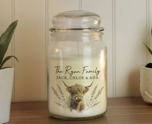 Personalised Highland Cow Large Candle Jar