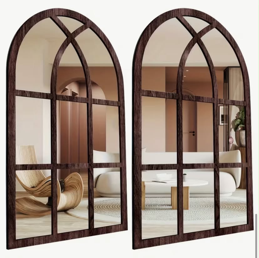 2pcs Retro Acrylic Arched Imitation Window Wall Mirror, with Wooden Frame, Country Rural Style Window Mirror, Home Art Decorative Mirror,