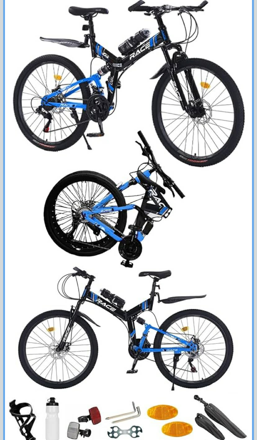 24", 26”, 27.5 Inch Mountain Bike, Foldable Adult & Teenager Bicycle, City Bike, Commuter Cycle, Unisex Men & Women MTB, Dual Suspension, Dual Disc Brake,19 KG Lightweight, 21 Speed, Blue