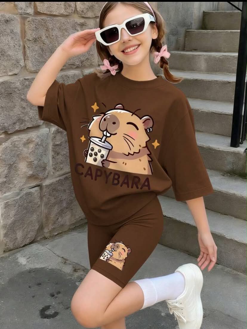2 pcs Girls Casual Outfit, Cute Capybara Drinking Bubble Tea Print Loose T-Shirt