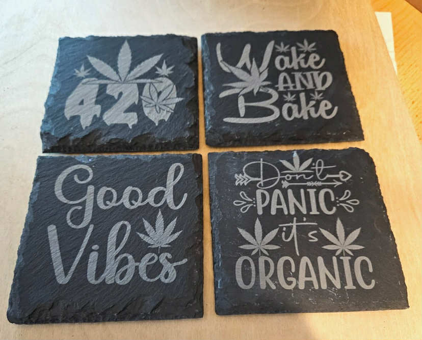 Set of 4 stoners, weed, cannabis slate coasters, rustic, 420,  10x10cm,