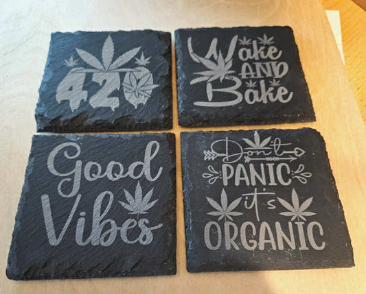 Set of 4 stoners, weed, cannabis slate coasters, rustic, 420,  10x10cm,