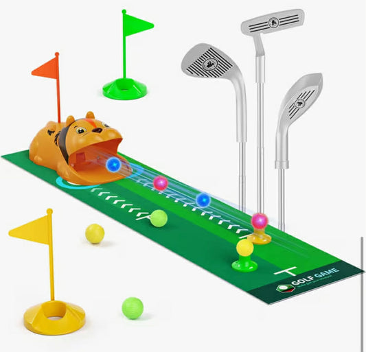Mini Golf Set - with Tiger Face Automatic Ball Returner, Light - Up Balls, Sticker, Golf Tees, Holes, Clubs & Putting Mat - Indoor/Outdoor Sport Gift - Golf Games Set