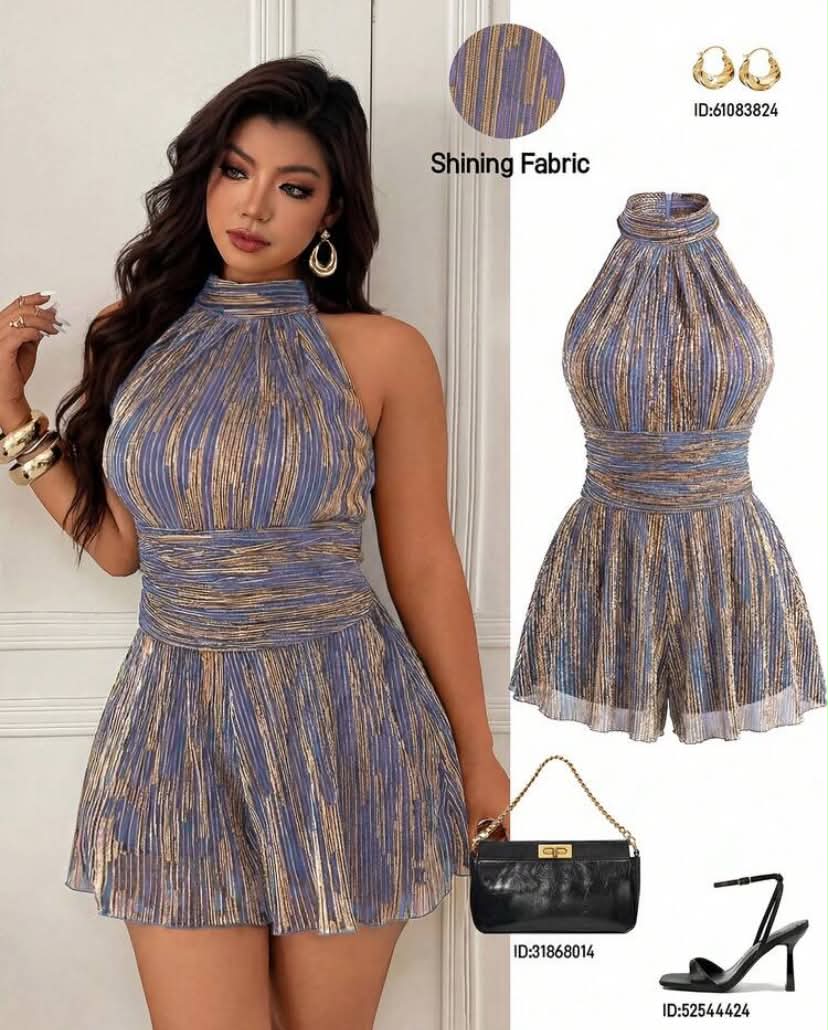 Femmeverse Plus Size Women's Fashion Sexy Halter Pleated Satin Fabric A-Line Romper