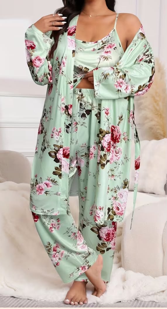 3pcs Plus Size Women's Floral Print Cami Pants & Long Sleeve Robe Set  Elegant Casual Sleepwear