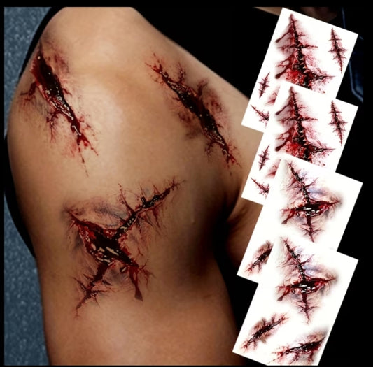 Tattoo Stickers, 4 Sheets Per Set for Halloween, Featuring Bold And Realistic Terrifying Bloody Wounds, Special Effects Makeup Designs, Body Art, Waterproof And Sweat proof Temporary Tattoos,