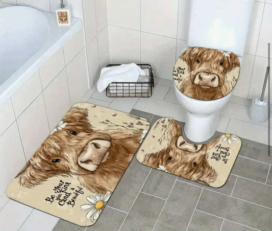 3 pcs Soft & Absorbent Plush Bath Mats Non-Slip, Washable, Comfortable, A Cute Highland Cow In The Style