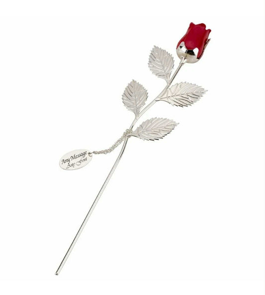 Personalised Engraved Silver Plated Red Rose with Pendant, Gift Boxed