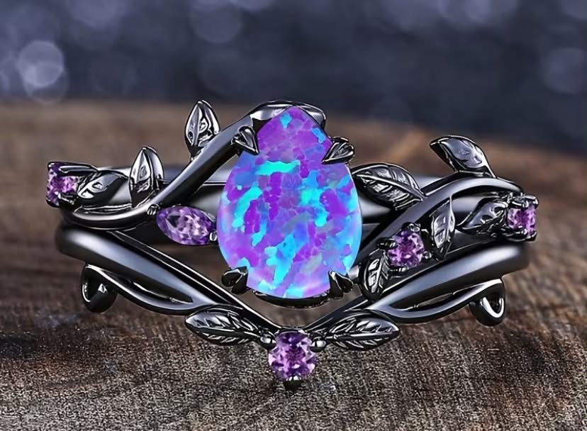 2 pcs Elegant Luxurious Water Drop Synthetic Opal Vine Leaf Engagement Wedding Ring Wedding Jewelry